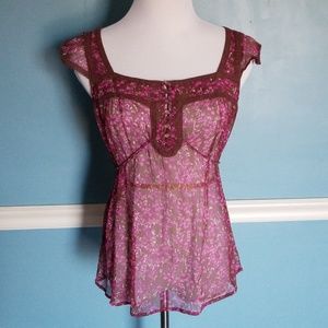 Anthropologie Sheer Silk Short Sleeve Blouse 10